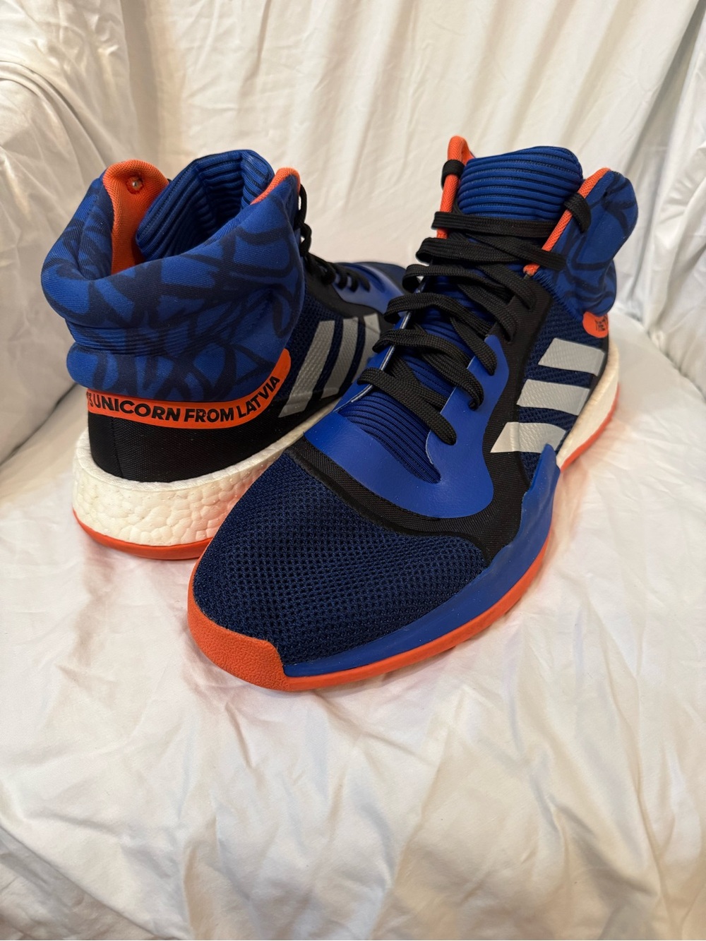 Adidas Marquee Boost “Kristaps Porzingis” Size 16.  White/Blue/Orange